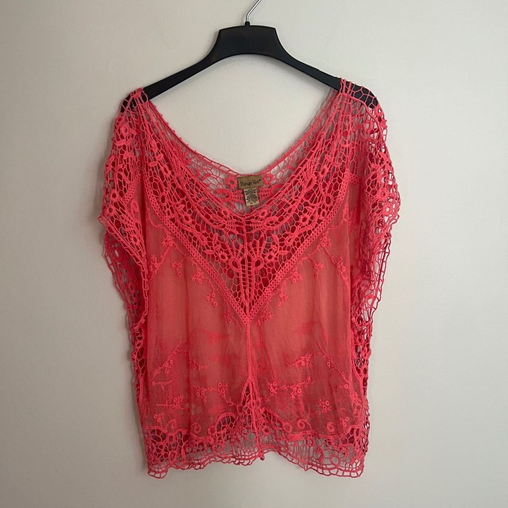 Mesh Crochet Lace Embroidered Top 1X Boho Dolman Festival Romantic Coral Pink
